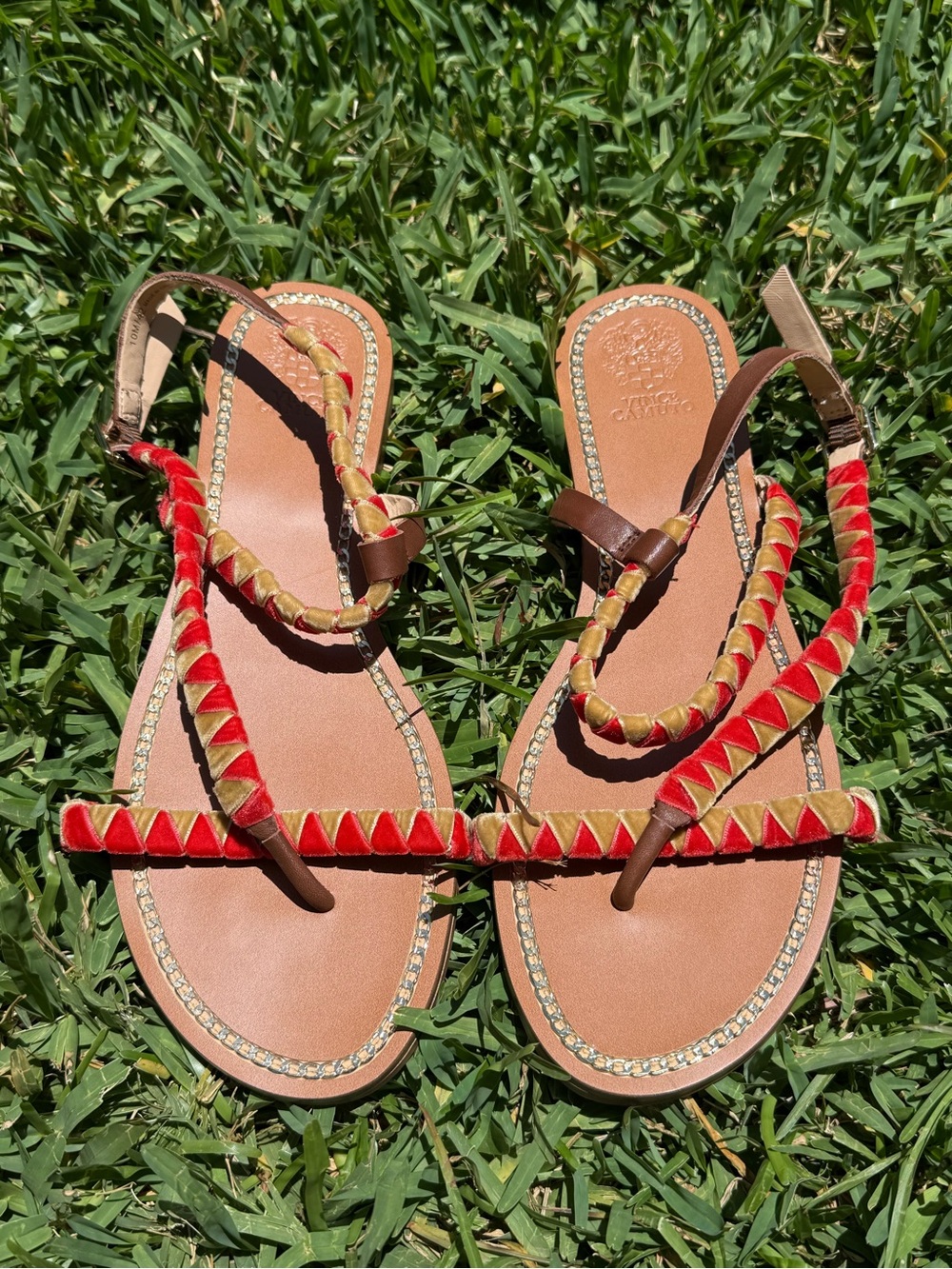 Vince Camuto Red & Gold Velvet Braided Strap Sandals